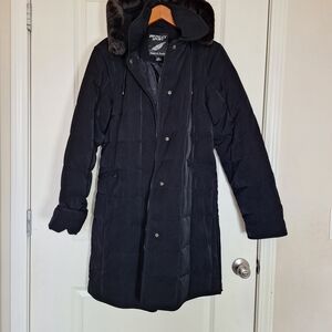 Bromley Sports Black Puffer Down Feather Faux Fur Trim Hooded Jacket in size M